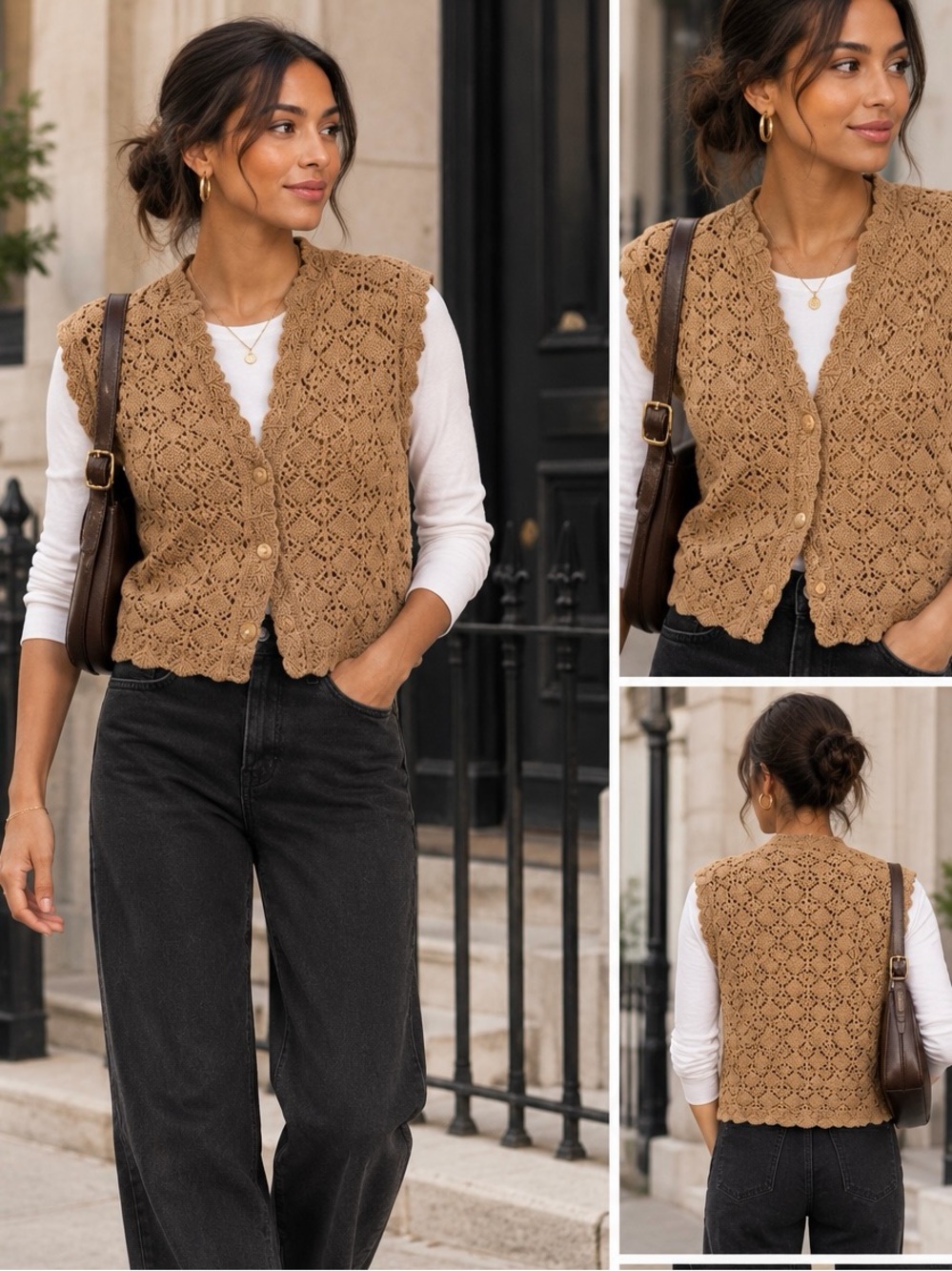 Zara Brown Crochet Button-Front Vest